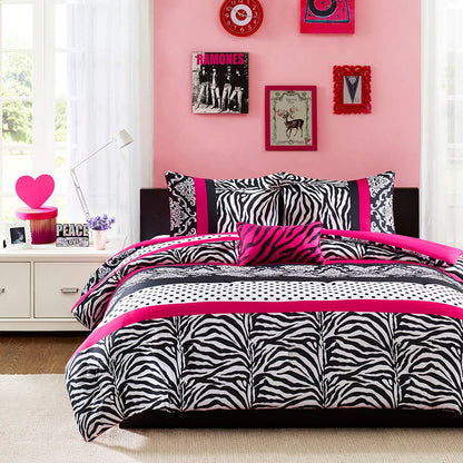 Zebra Damask 4-Piece Comforter Set, Hot Pink