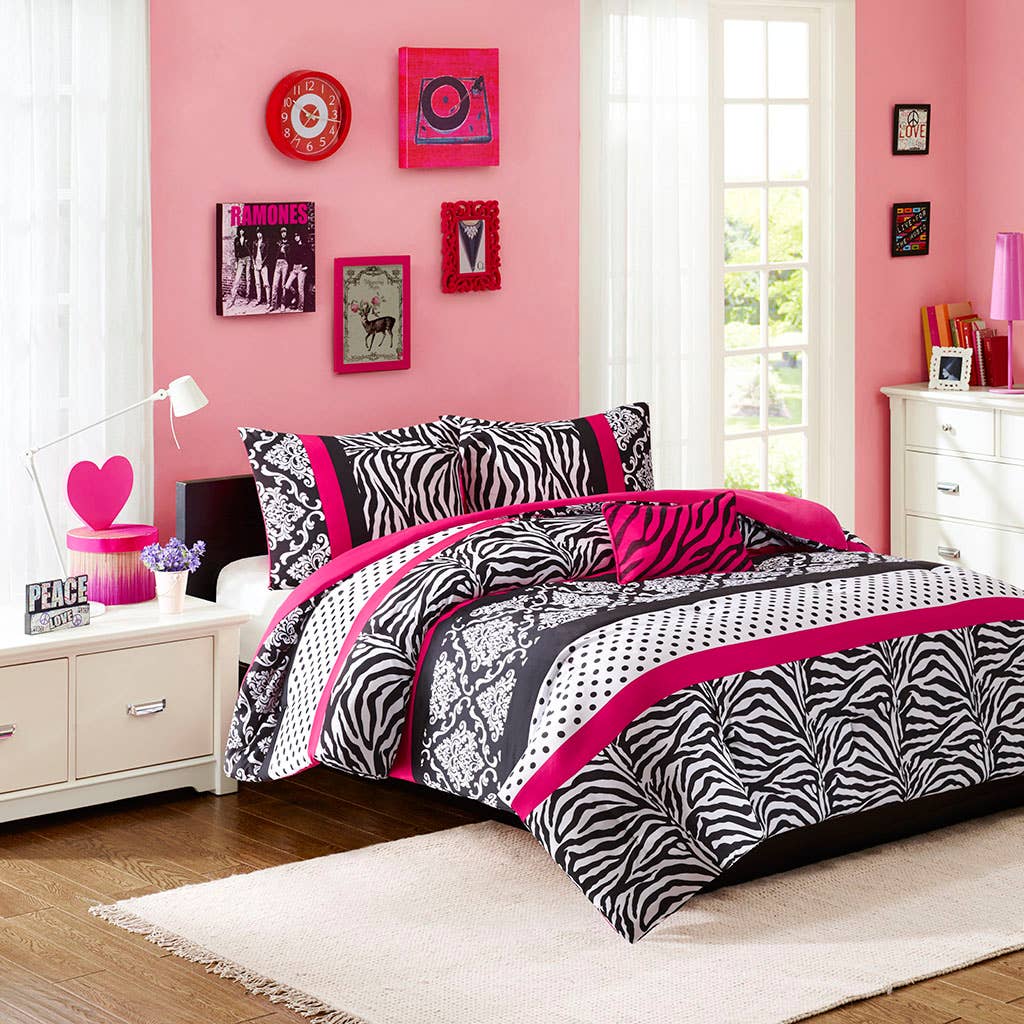 Zebra Damask 4-Piece Comforter Set, Hot Pink