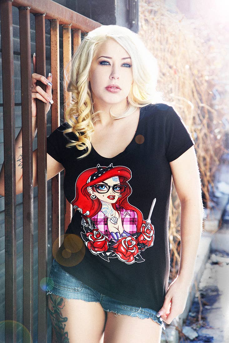 Tattooed Mermaid - Women's VNeck Graphic T-Shirt