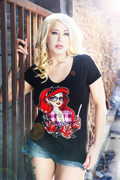 Tattooed Mermaid - Women's VNeck Graphic T-Shirt