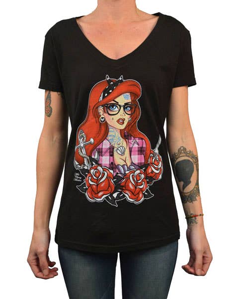 Tattooed Mermaid - Women's VNeck Graphic T-Shirt
