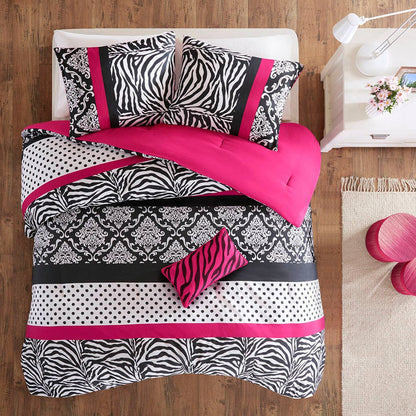 Zebra Damask 4-Piece Comforter Set, Hot Pink